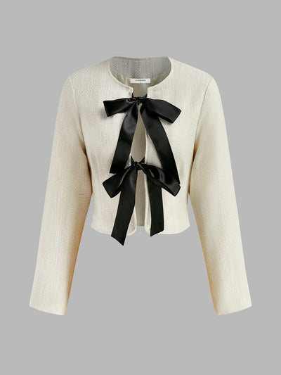 Silke | Eleganter Weißer Tweed-Blazer mit Schwarzen Satin Schleifen