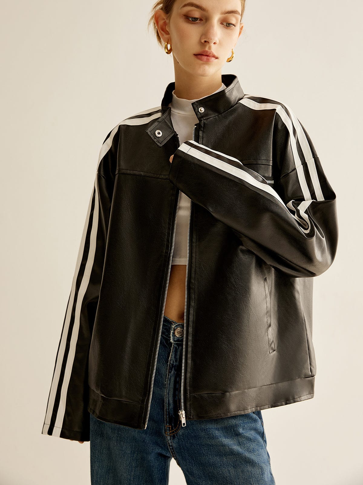Noah | Schwarze Lederjacke mit Kontraststreifen
