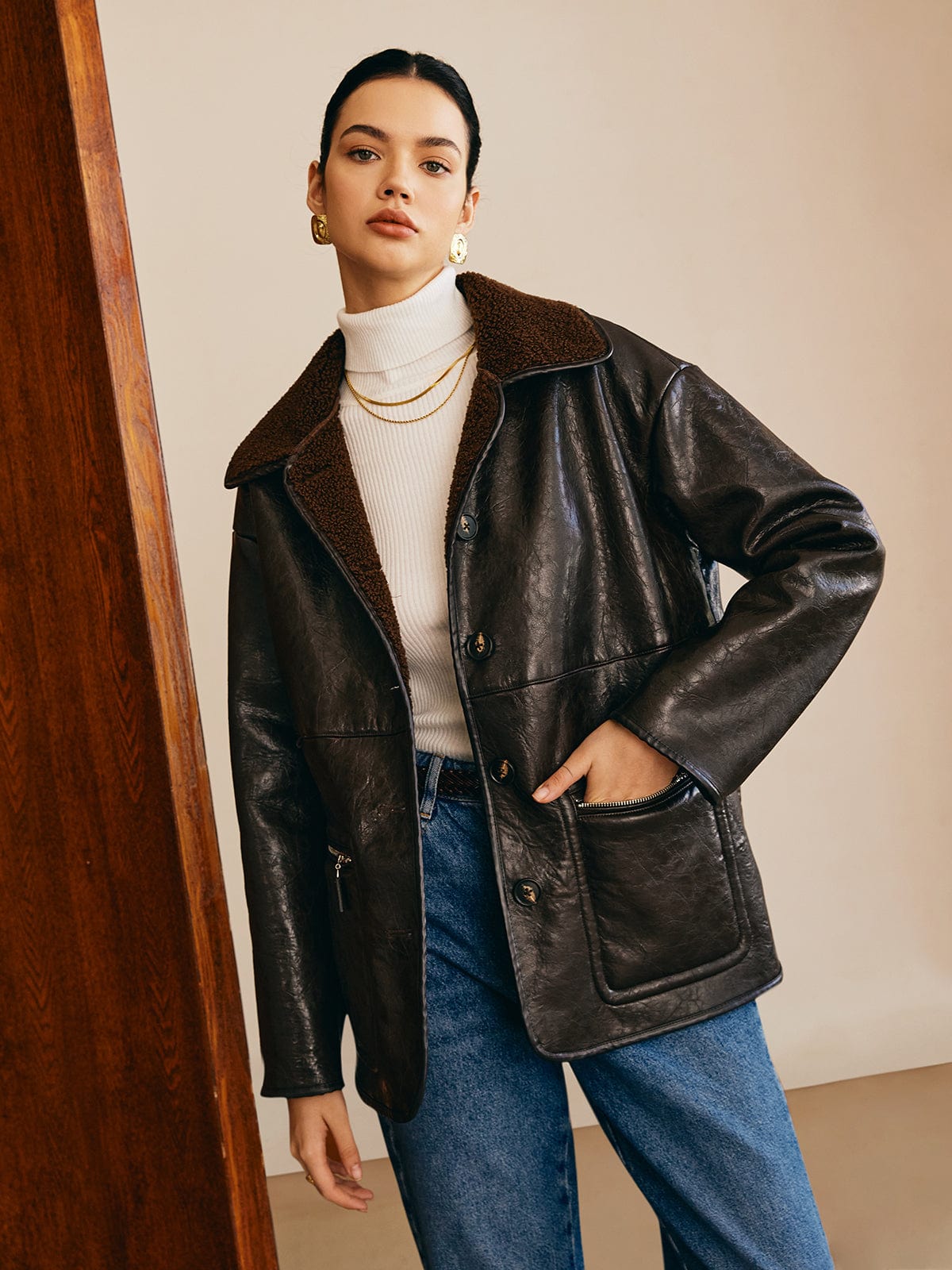 Sofia | Schwarze Lederjacke mit Teddy-Futter