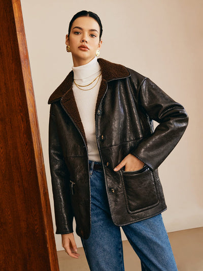 Sofia | Schwarze Lederjacke mit Teddy-Futter