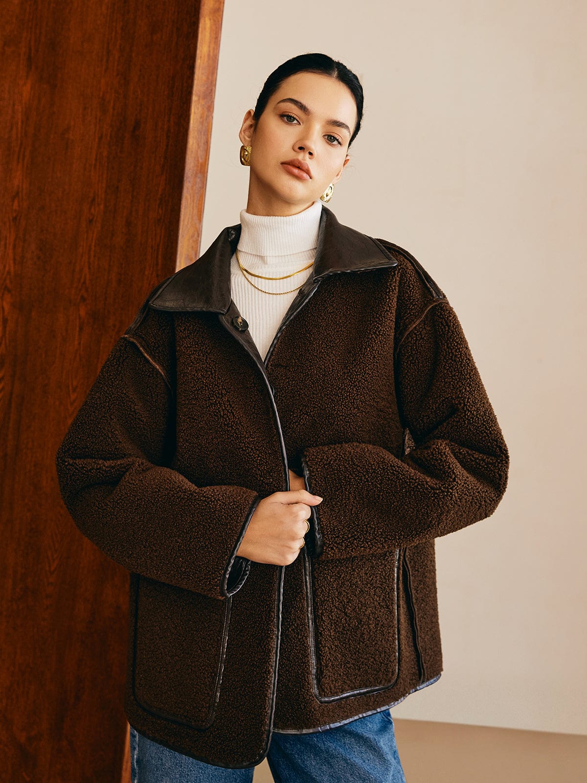 Sofia | Schwarze Lederjacke mit Teddy-Futter