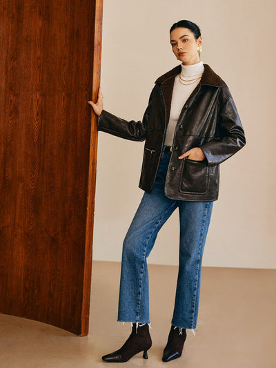 Sofia | Schwarze Lederjacke mit Teddy-Futter