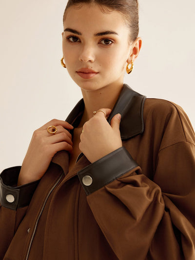 Amber | Oversized-Jacke in Camel mit Lederdetails