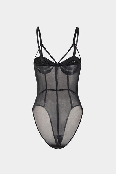 Daisy | Spaghettiträgern Schwarz Verführerischer Mesh-Body mit Bügel-Cups