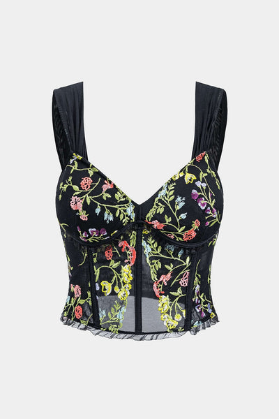 Amy | Korsett-Top mit floraler Stickerei & Mesh