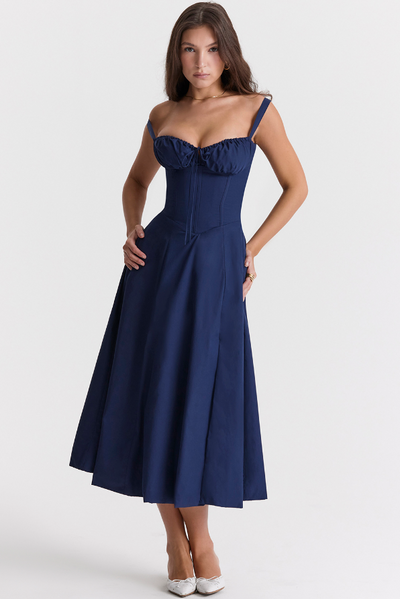 Sophia | Feminines Midikleid mit Corsage, Trägern & schwingendem Rock