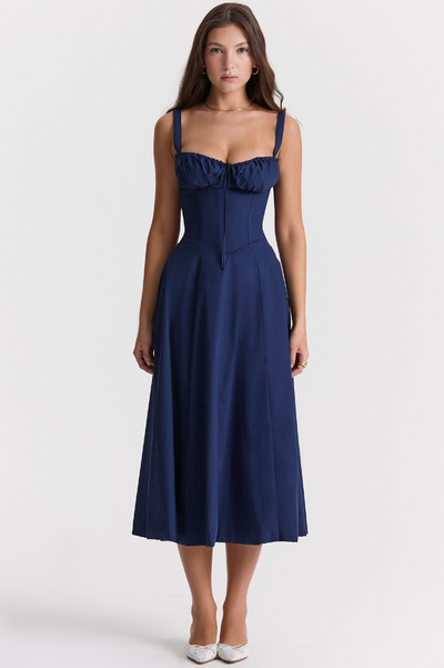 Sophia | Feminines Midikleid mit Corsage, Trägern & schwingendem Rock