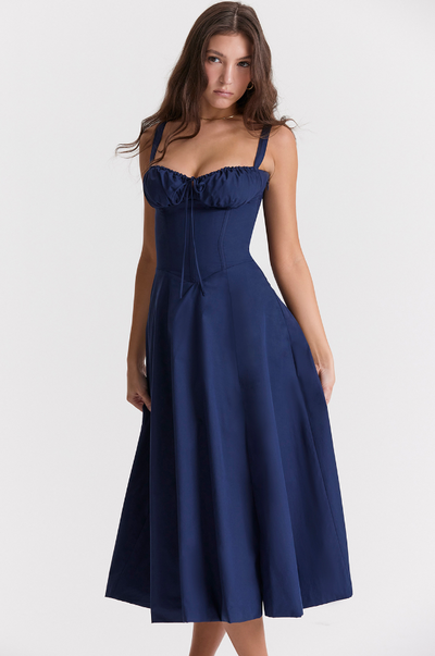 Sophia | Feminines Midikleid mit Corsage, Trägern & schwingendem Rock