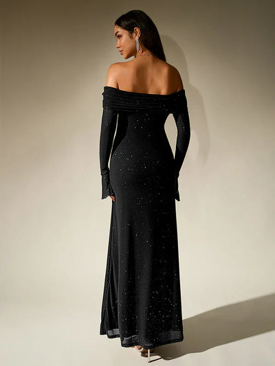 Alina | Schulterfreies Abendkleid in Braun mit Glitzer