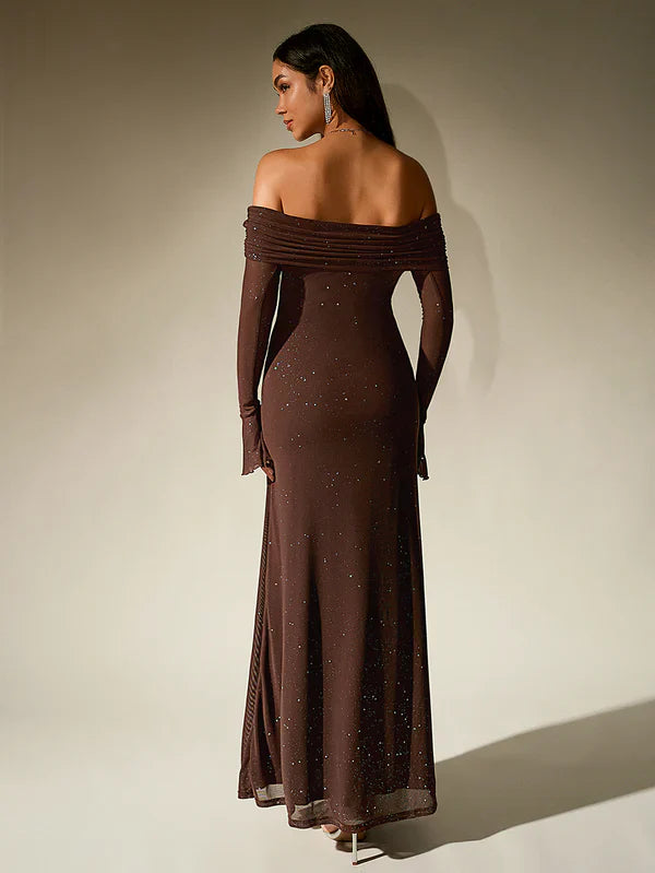 Alina | Schulterfreies Abendkleid in Braun mit Glitzer