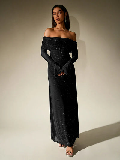 Alina | Schulterfreies Abendkleid in Braun mit Glitzer