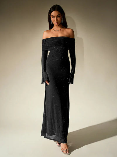 Alina | Schulterfreies Abendkleid in Braun mit Glitzer