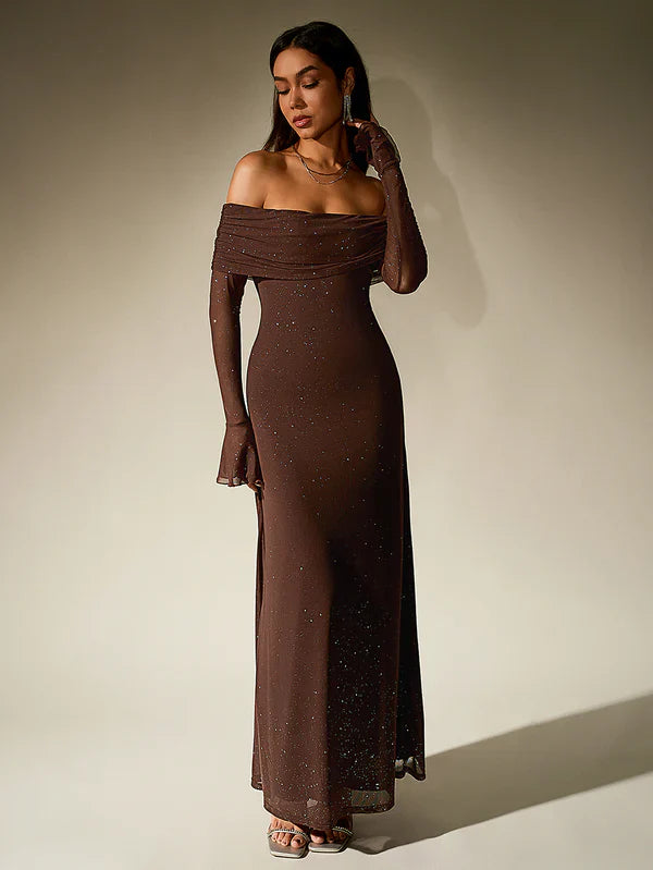 Alina | Schulterfreies Abendkleid in Braun mit Glitzer