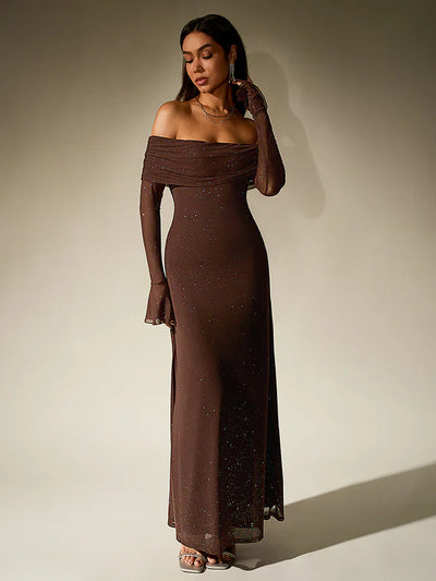 Alina | Schulterfreies Abendkleid in Braun mit Glitzer
