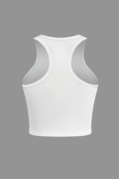Henrietta | Weiß Geripptes Racerback-Crop-Top mit High-Neck-Ausschnitt