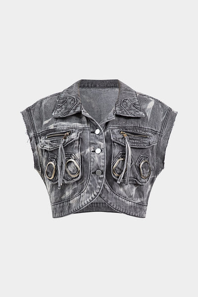 Raven | Cropped Denim-Weste in Grau mit Metallelementen – Urban und Edgy