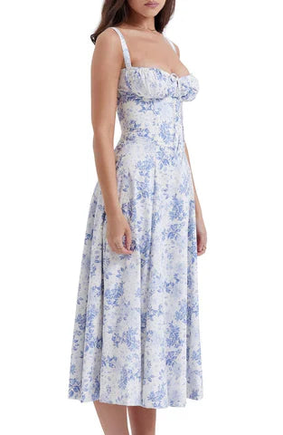 Hannah | Midikleid mit Corsagen-Top & blau-weißem Blumenprint