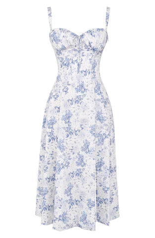 Hannah | Midikleid mit Corsagen-Top & blau-weißem Blumenprint
