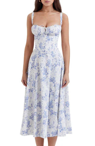 Hannah | Midikleid mit Corsagen-Top & blau-weißem Blumenprint