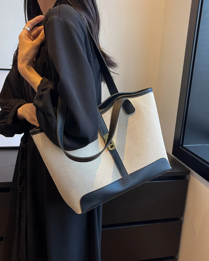 Amelia | Canvas Schulter Handtasche mit Lederdetails & Drehverschluss
