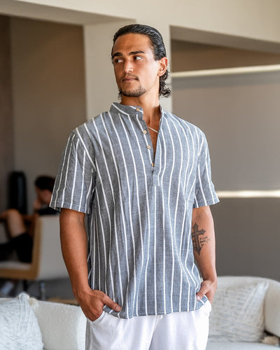 Charles | Gestreiftes Herren-Sommer Leinenhemd mit Stehkragen