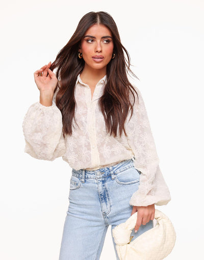 Elegante transparente Bluse mit Blumenmuster – Creme