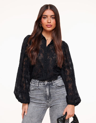 Elegante transparente Bluse mit Blumenmuster – Schwarz