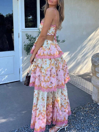 Odetta | Romantisches Blumen Maxikleid mit Zurück Spitzen-Details