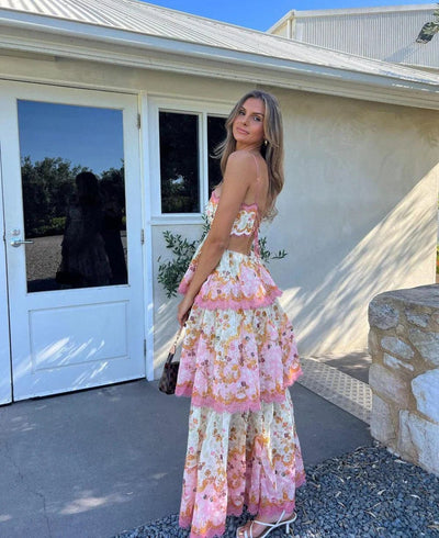 Odetta | Romantisches Blumen Maxikleid mit Zurück Spitzen-Details
