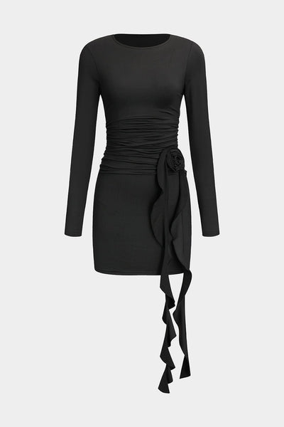 Valeria | Elegantes Schwarzes Langärmliges Minikleid – Figurbetonte Passform mit Drapierung & Rosendetail