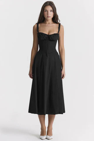 Laura | Schwarzes Corsagen-Midikleid mit A-Linie & Trägern