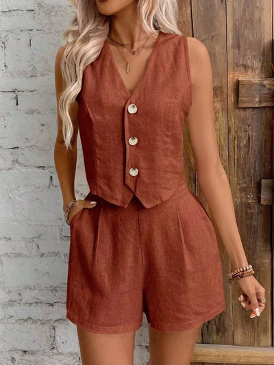 Zweiteiler aus Leinenoptik – Ärmelloses Gilet mit High-Waist Shorts