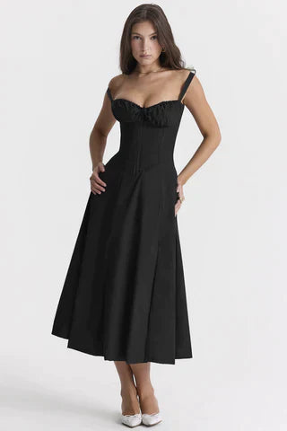 Laura | Schwarzes Corsagen-Midikleid mit A-Linie & Trägern