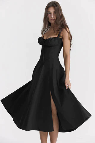 Laura | Schwarzes Corsagen-Midikleid mit A-Linie & Trägern