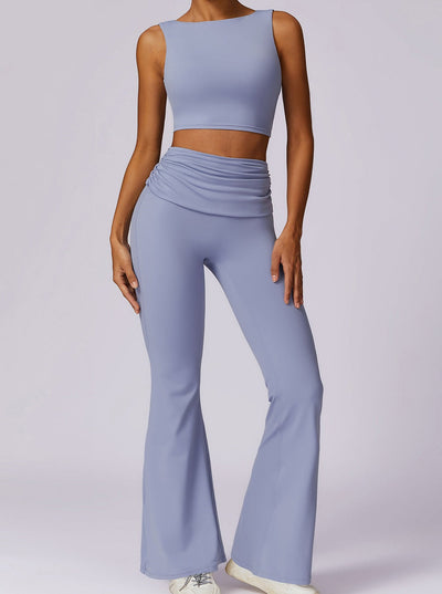 Liana | Hellblau High-Waist Flare Leggings mit Faltbund