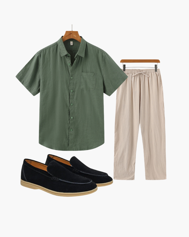 Myles | 3-teiliges Sommer-Outfit mit Grün Kurzarmhemd, Leinenhose & Loafern