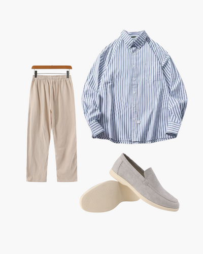 Xavier | 3-teiliges Sommer-Outfit mit Streifenhemd, Leinenhose & Loafern