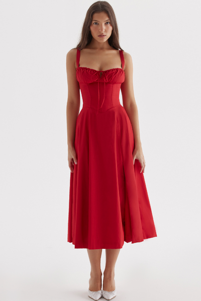 Sophia | Rotes Corsagenkleid mit A-Linie & Beinschlitz