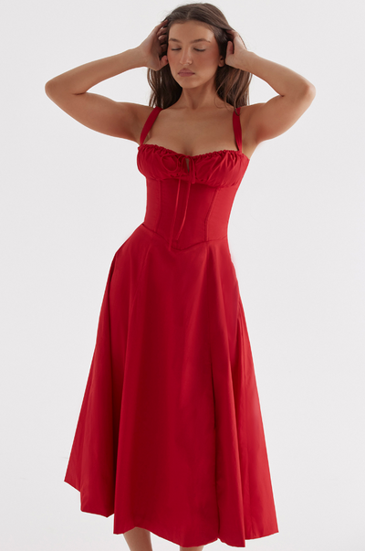 Sophia | Rotes Corsagenkleid mit A-Linie & Beinschlitz