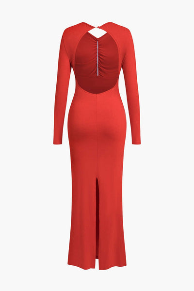 Clothilde | Elegantes Rückenfrei Langarm-Maxikleid mit Blumendetail