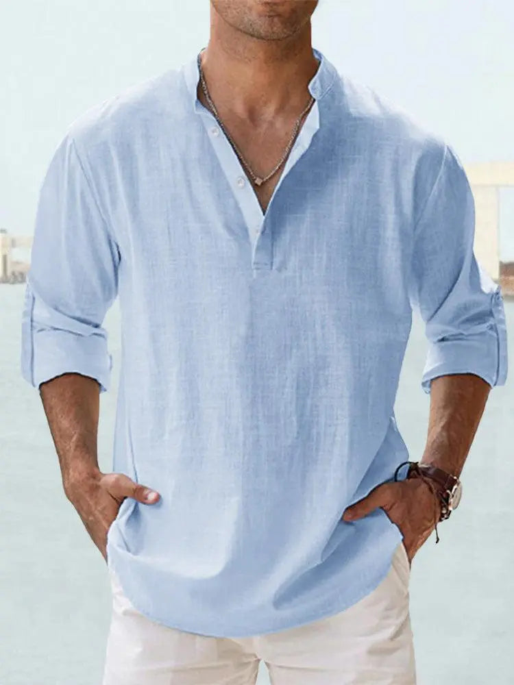 John | Luftiges Leinenhemd mit Henley-Kragen