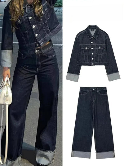 Damen Denim-Anzug – 2-teiliges Set mit Cropped Jeansjacke
