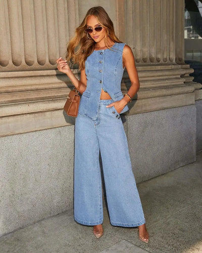Leona | Stylisches Denim-Zweiteiler-Set mit Weste & Weitbein-Hose