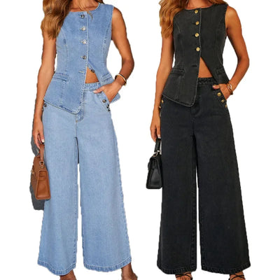 Leona | Stylisches Denim-Zweiteiler-Set mit Weste & Weitbein-Hose
