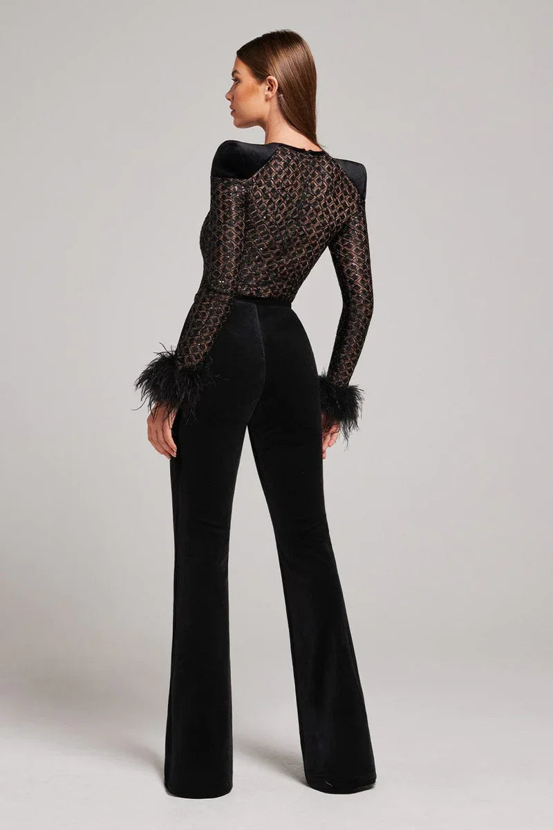 Margit | Glitzernder Bodycon Jumpsuit Mit Federn