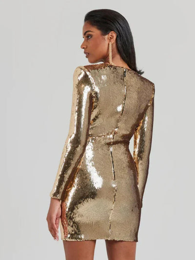 Hanna| Pailletten Langarm Falten Mini Kleid
