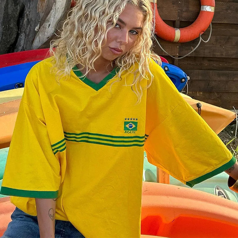 Oversized Damen T-Shirt im Retro-Football-Stil mit sportlichen Details