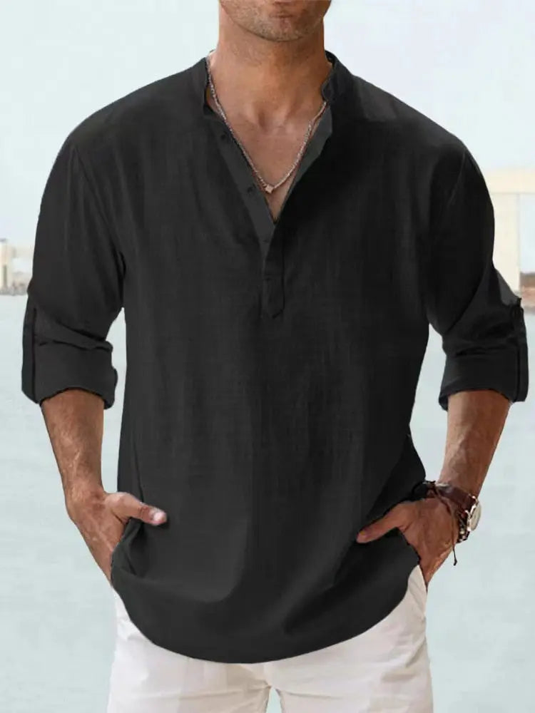 John | Luftiges Leinenhemd mit Henley-Kragen