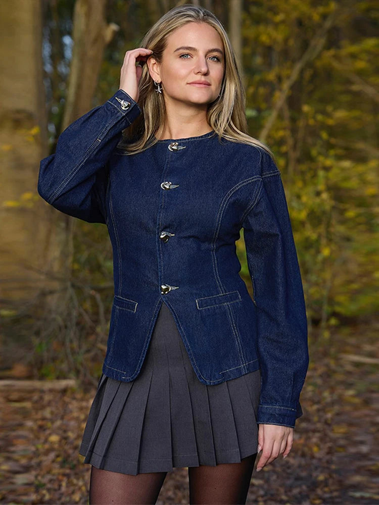 Damen-Denim-Set – Elegantes Tailliertes Jeansjacke & High-Waist Wide-Leg Hose