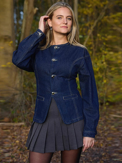 Damen-Denim-Set – Elegantes Tailliertes Jeansjacke & High-Waist Wide-Leg Hose